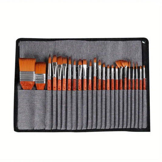 24 pcs/set Nylon Hair Handle Watercolor Paint Brush With Orange Wood Rod Portable Storage Pen Case