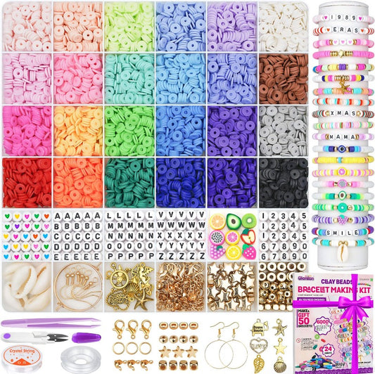 Clay Beads Bracelet Making Kit 6000pcs 24 Colors Flat Preppy Beads with Charms