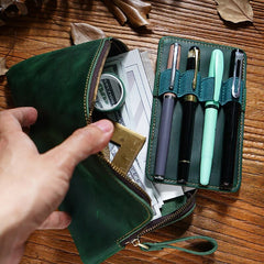 Cowhide Zipper Pen Storage Pen Bag Vintage Multi Slot Pen Case