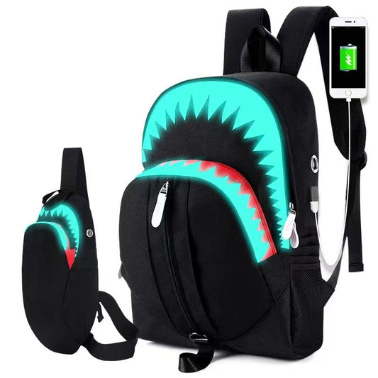 Nightlight Backpack Night Luminous Shark Laptop Backpack Chest Bag With USB Charge Port